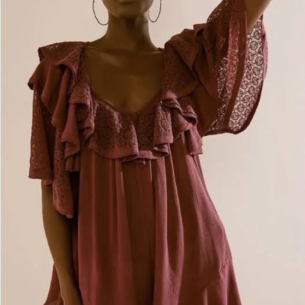 NWT Lace Ruffle Romper in Burgundy Free People